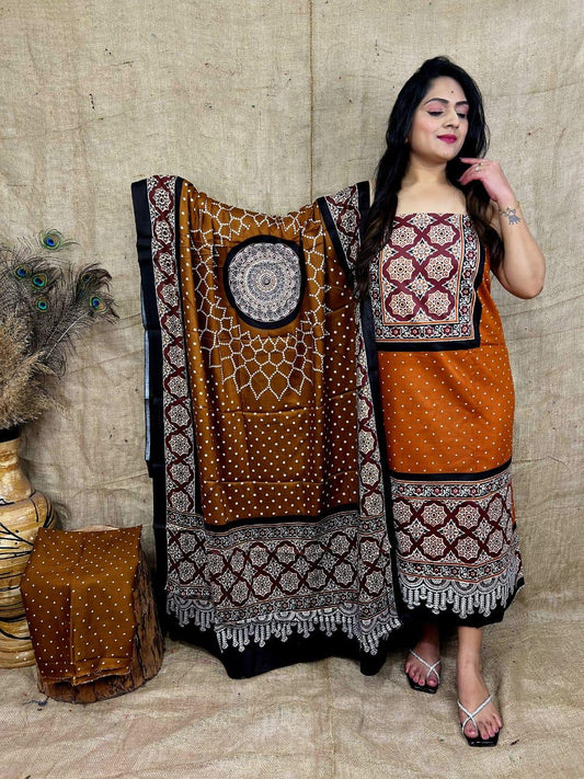 Traditional Ajrakh Print With Bandhani Dress Material