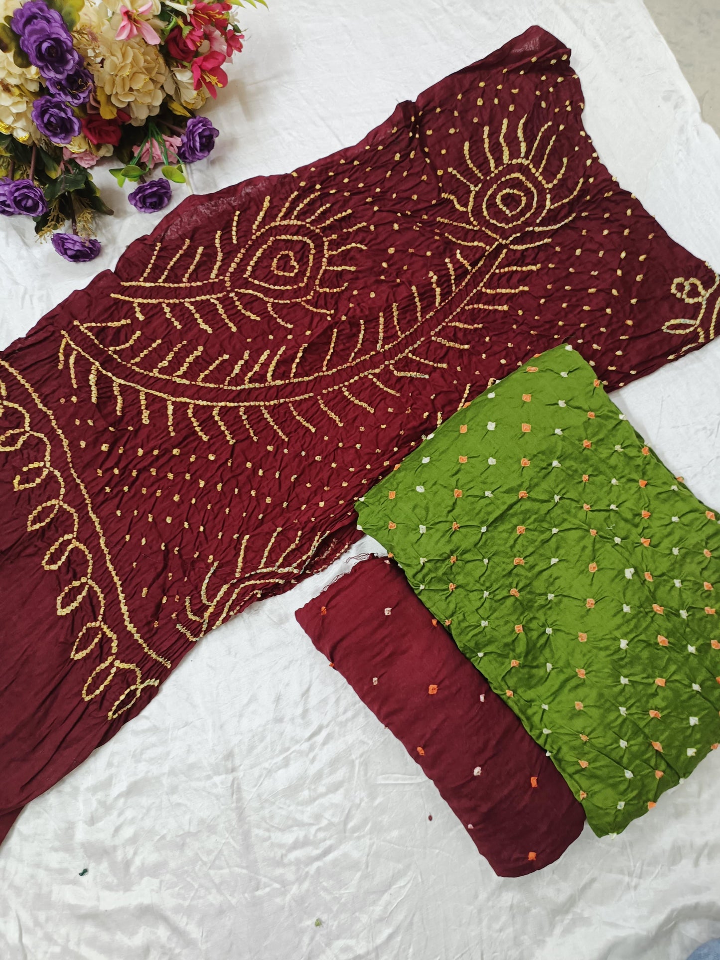 Bareek Bandhej Cotton Satin Dress Material