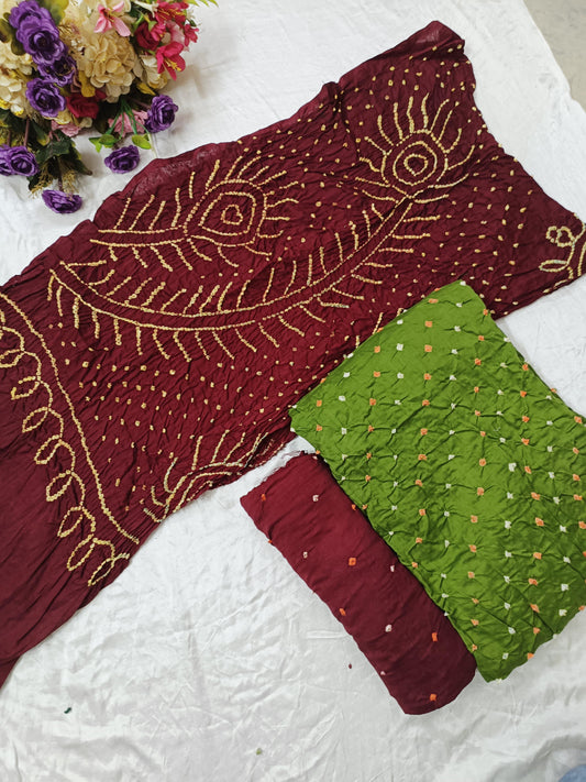 Bareek Bandhej Cotton Satin Dress Material