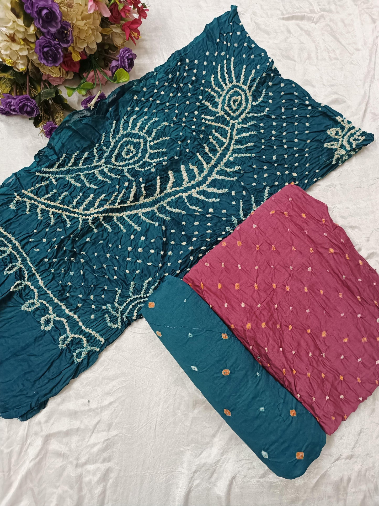 Bareek Bandhej Cotton Satin Dress Material