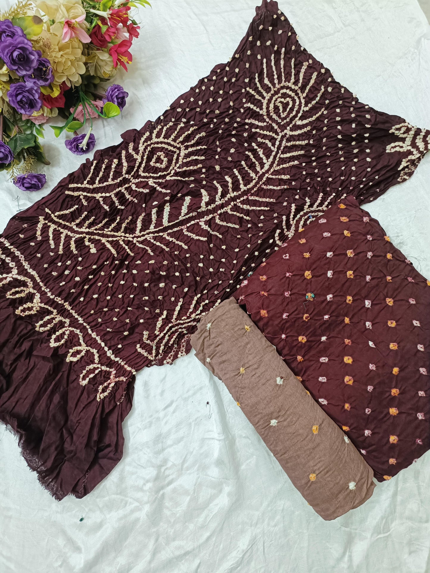 Bareek Bandhej Cotton Satin Dress Material