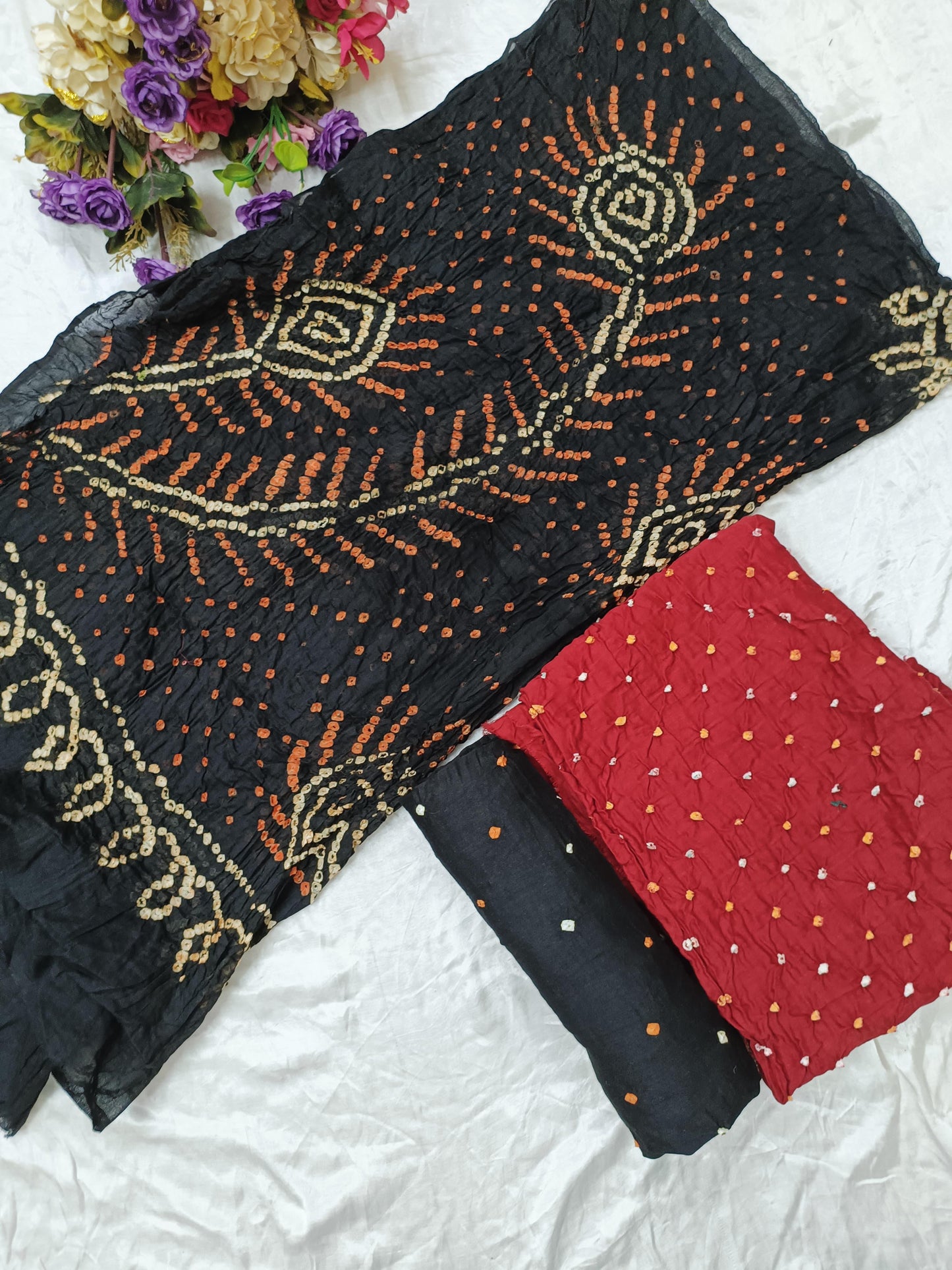 Bareek Bandhej Cotton Satin Dress Material