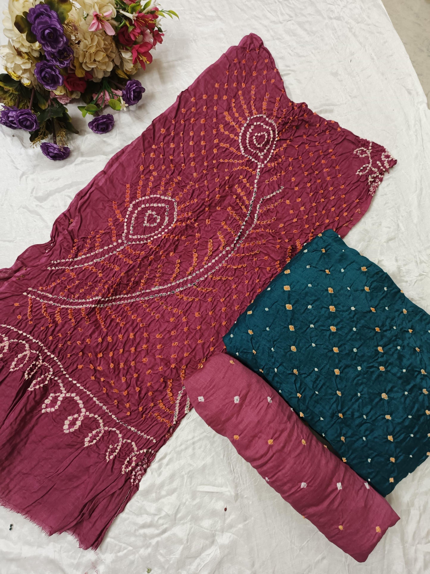 Bareek Bandhej Cotton Satin Dress Material