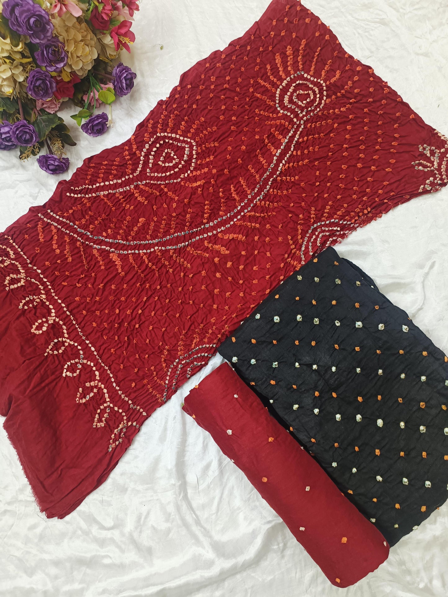 Bareek Bandhej Cotton Satin Dress Material