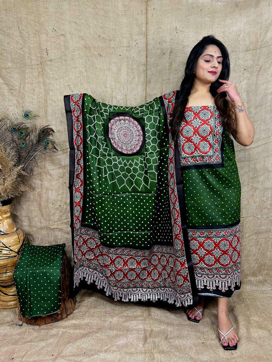 Traditional Ajrakh Print With Bandhani Dress Material